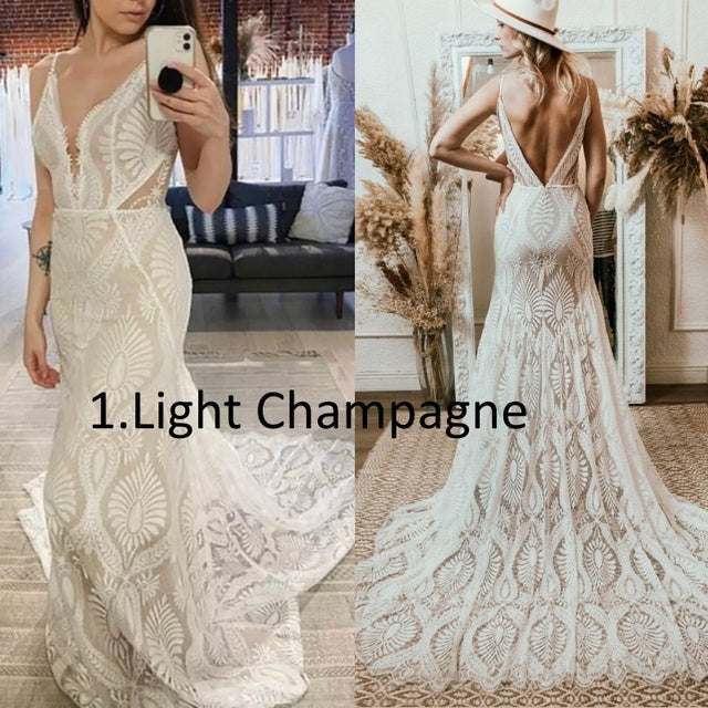 Robe De mariée bohème col en V dentelle Boho bretelles Spaghetti dos nu plage robes De mariée Vestido De Novia Roycebridal