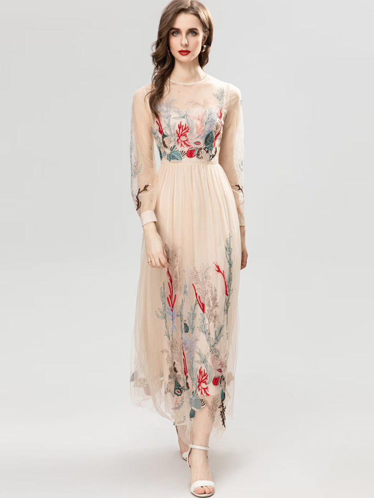 Robe longue transparente abricot, broderie florale exquise, robe de Style princesse