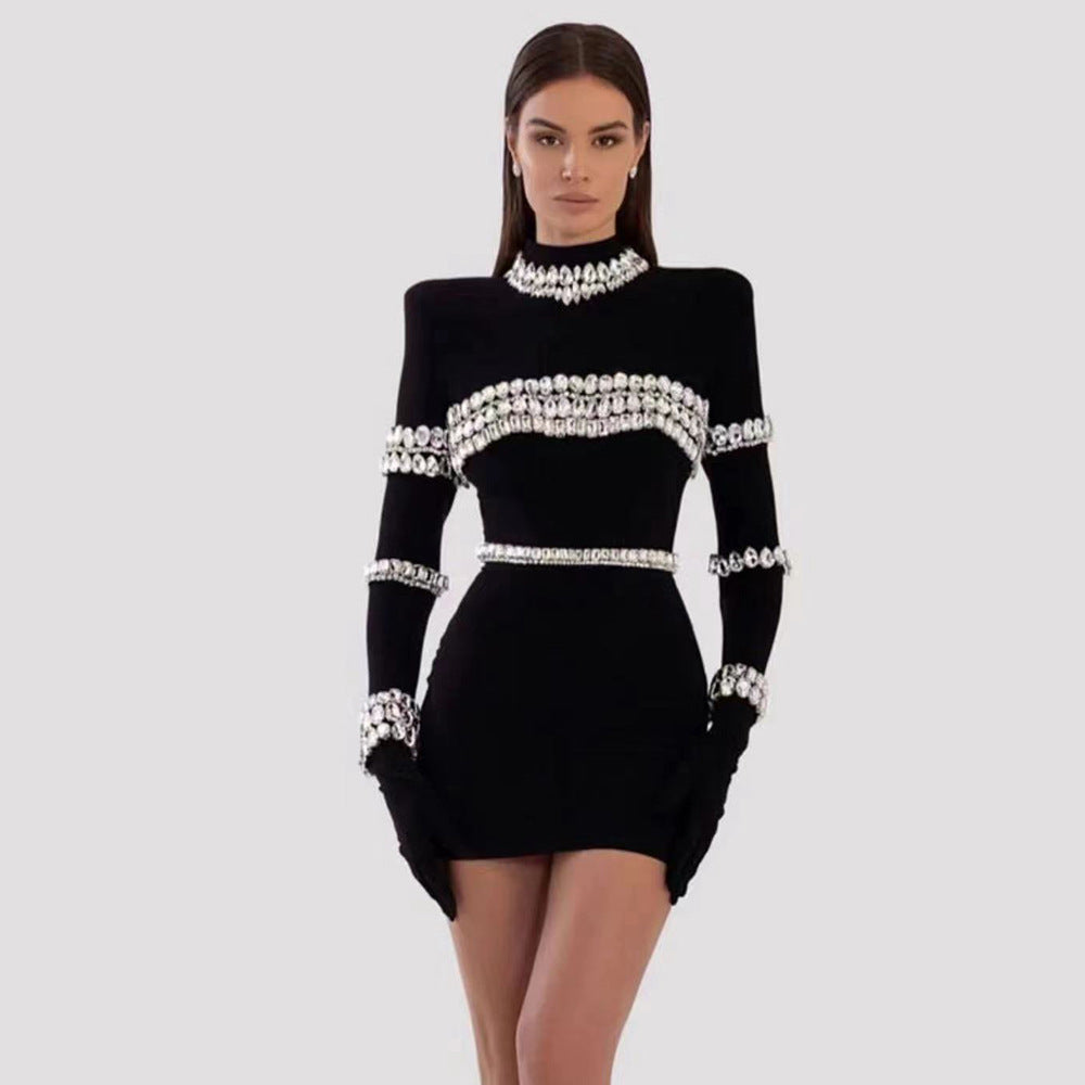 Women's Fashion Rhinestone Half Turtleneck Black Dress