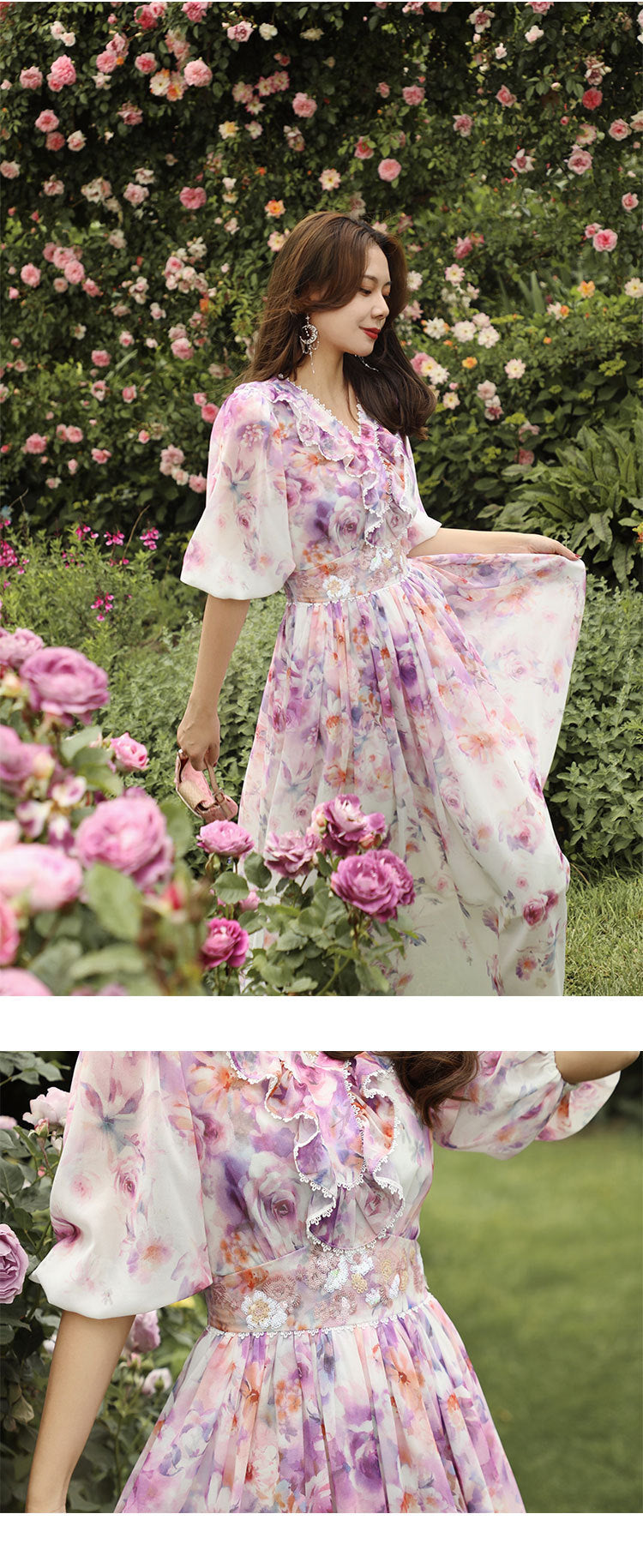 Robe d'été pour femmes, impression de perles, industrie lourde française, taille, col en V