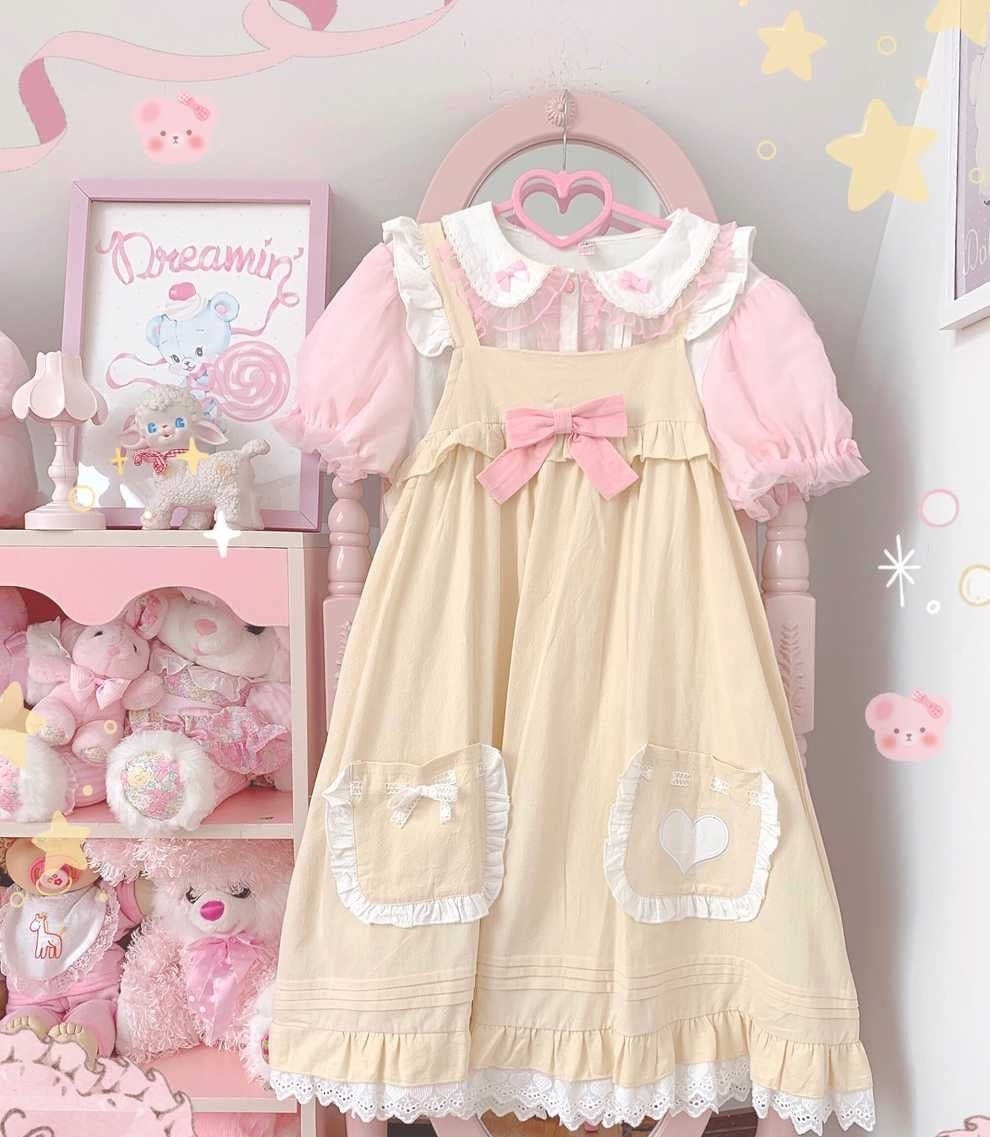 Vestido con vuelo grande de encaje Jsk dulce de Lolita ligera de color sólido de niña suave