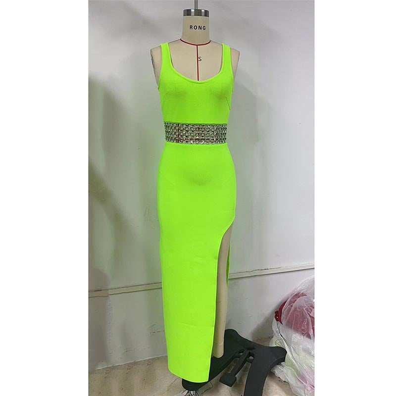 Sexy Diamond Studded Hollow Split Dress Elegant Slim Fit Slimming