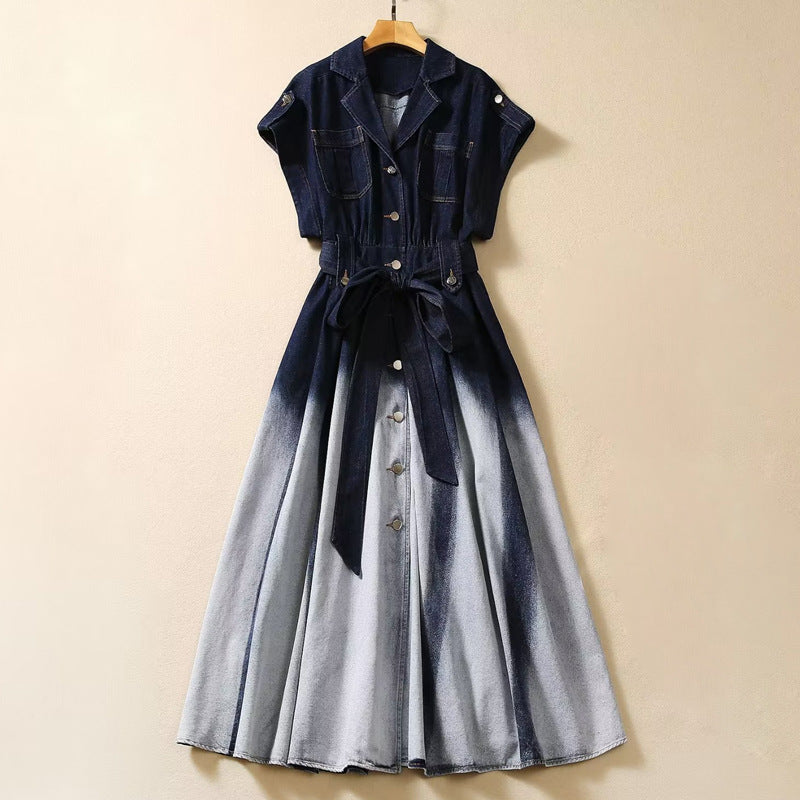 Lapel Single Breasted Short Sleeve Gradient Color Fashion Waist-controlled Denim Dress