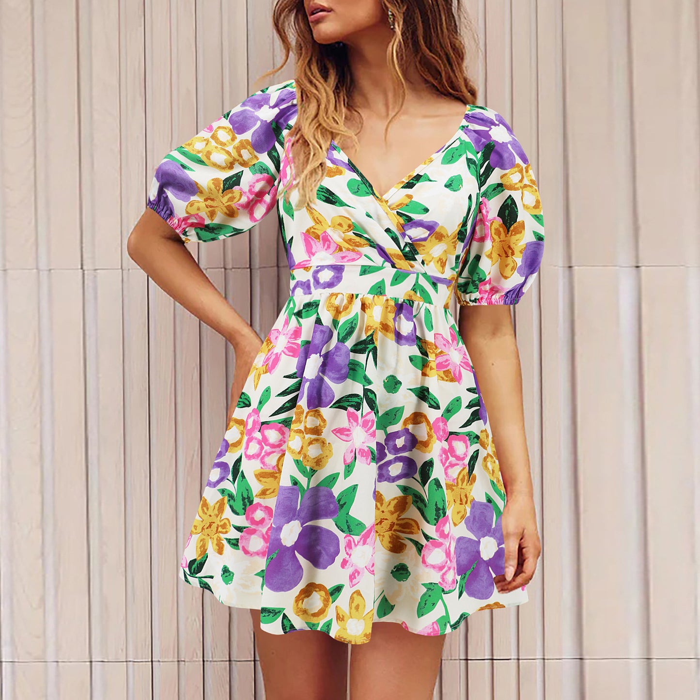 Robe courte à manches lanternes et col en v pour femmes, imprimé floral, vêtements de plage, vacances d'été, Y2K, à la mode, Y2K