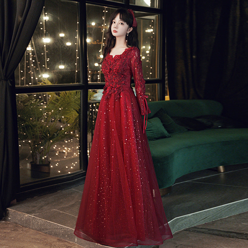 Bridal Red High-end Engagement Summer Long-sleeve Evening Dress