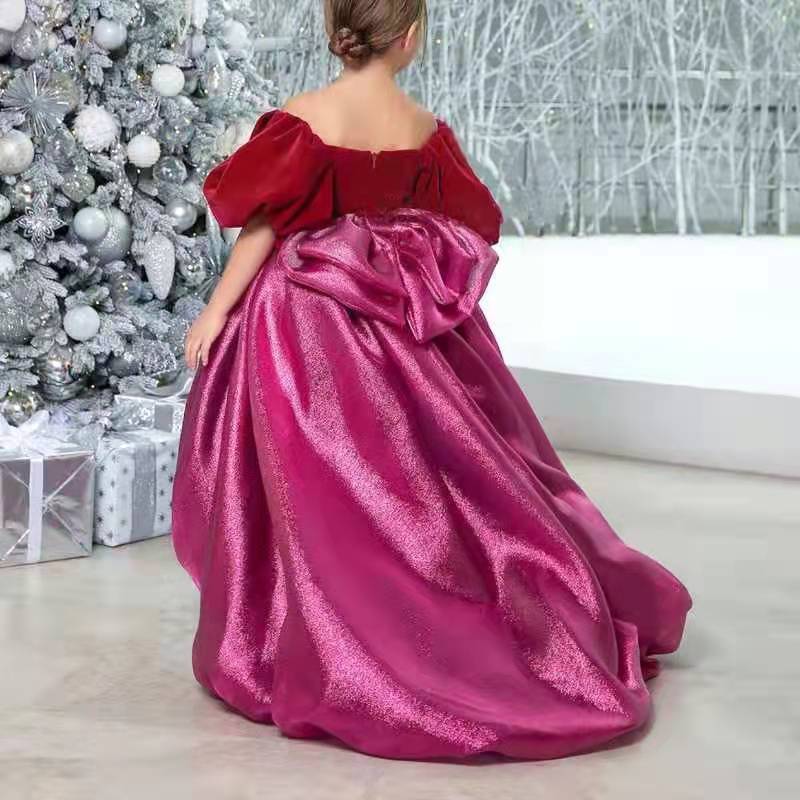 Robe de soirée fille rose rouge avec nœud traînant