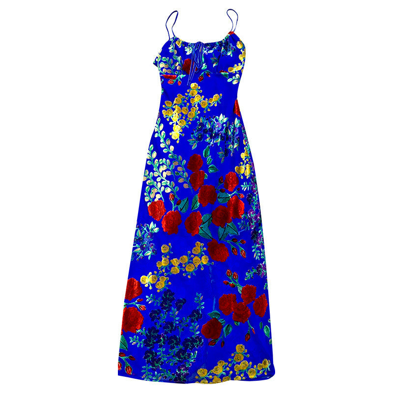 Robe en velours bleu pour femmes, motif de fleurs brûlées, dos ouvert, fines bretelles