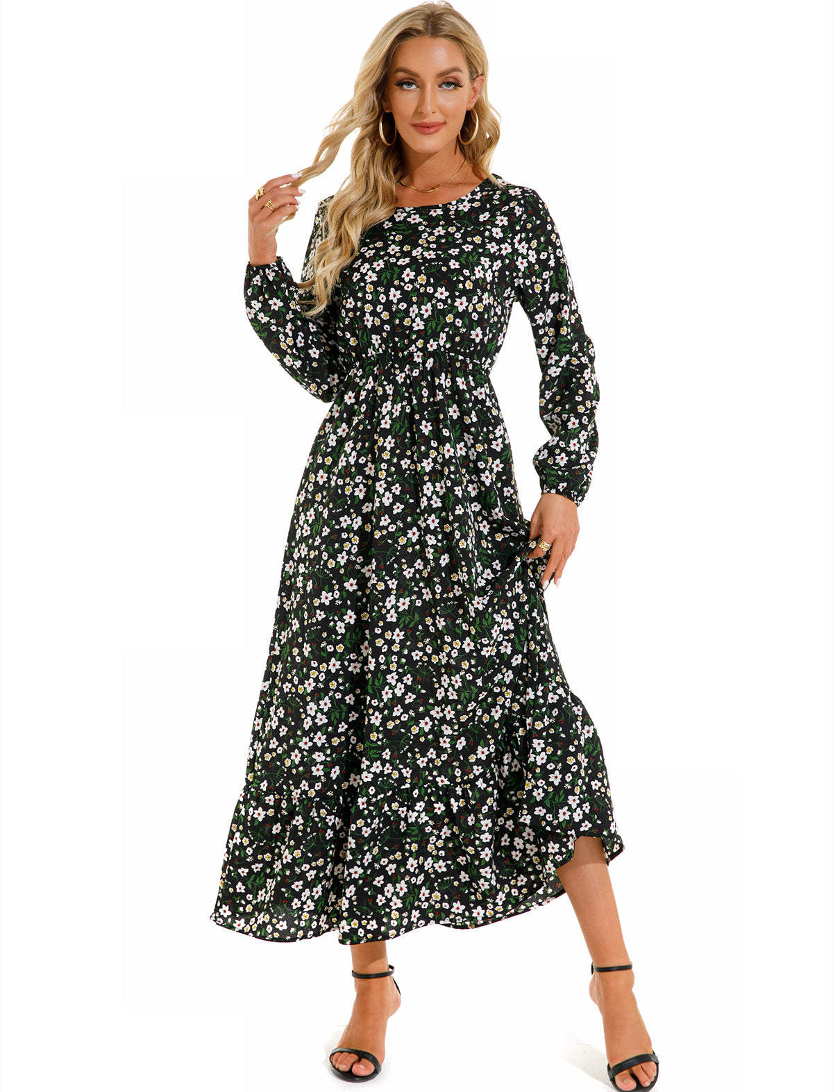 Women's Graceful And Fashionable Round Neck Floral Dress