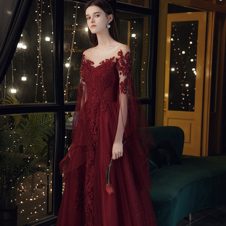 Robe de soirée en dentelle bordeaux pour femmes, mode tempérament