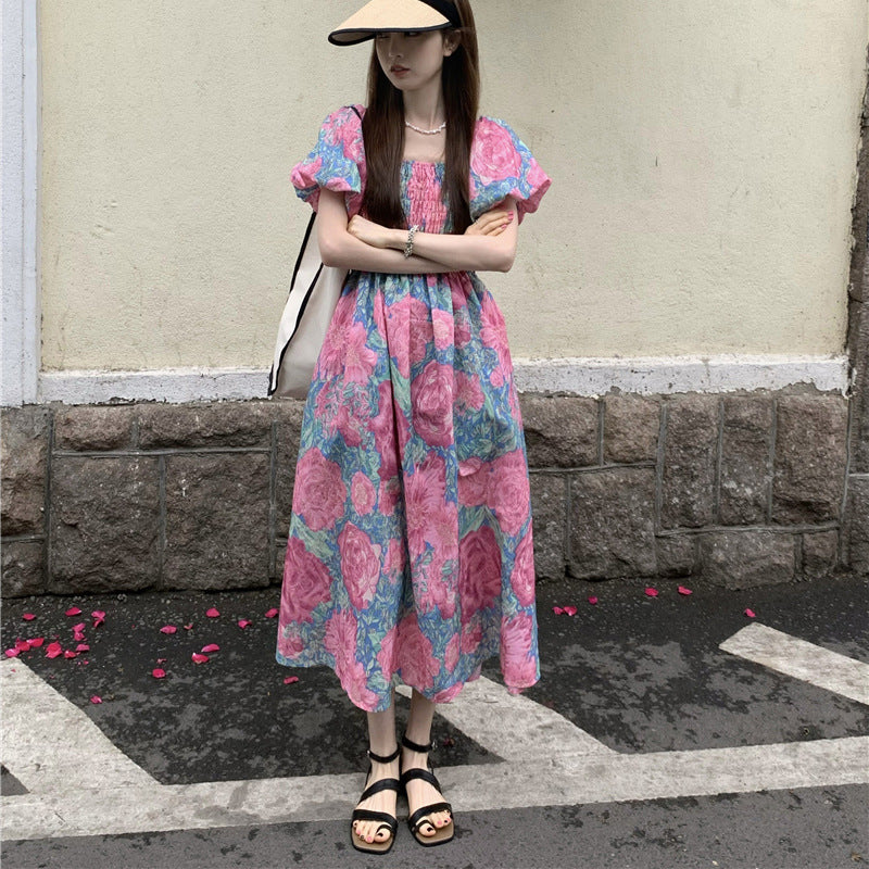 Robe d'été à col carré et fleurs françaises pour femmes