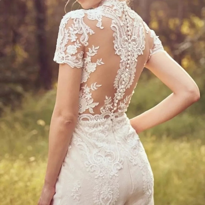 High Neck Lace High End Customized White Noble Trouser Dress Evening