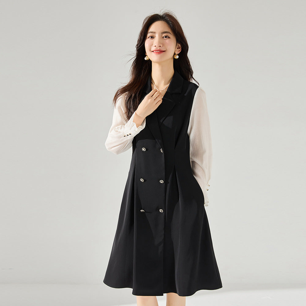 Black Suit Collar Patchwork Waist-slimming Dress