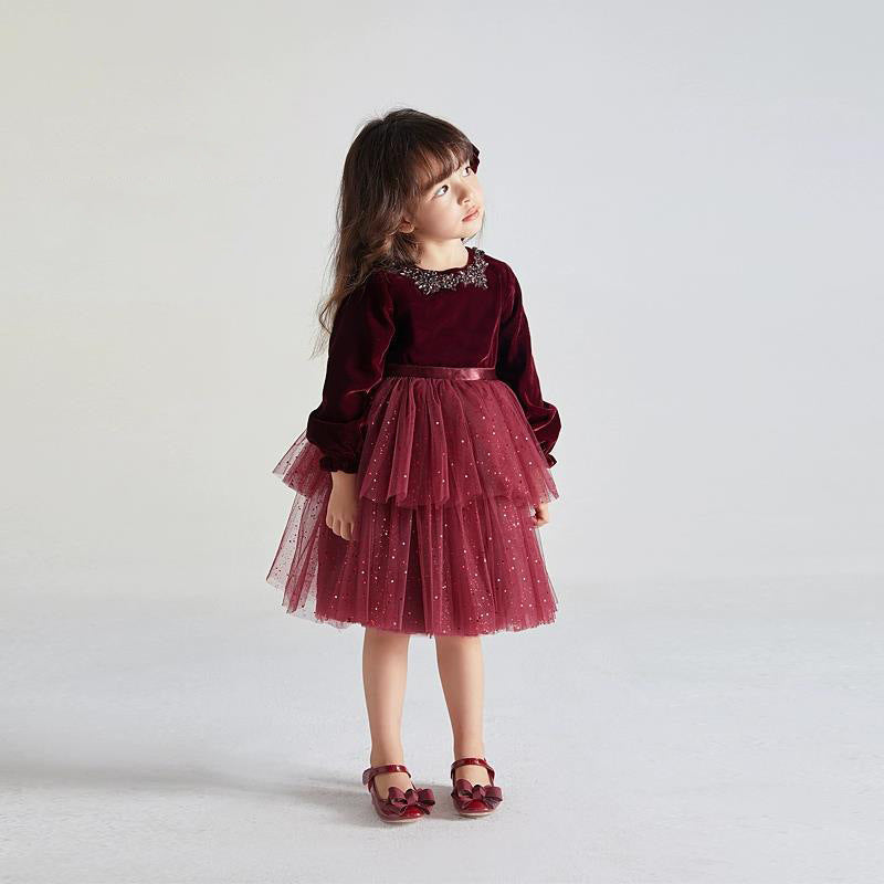 Robe à la mode pour petite fille en velours à manches longues européenne et américaine