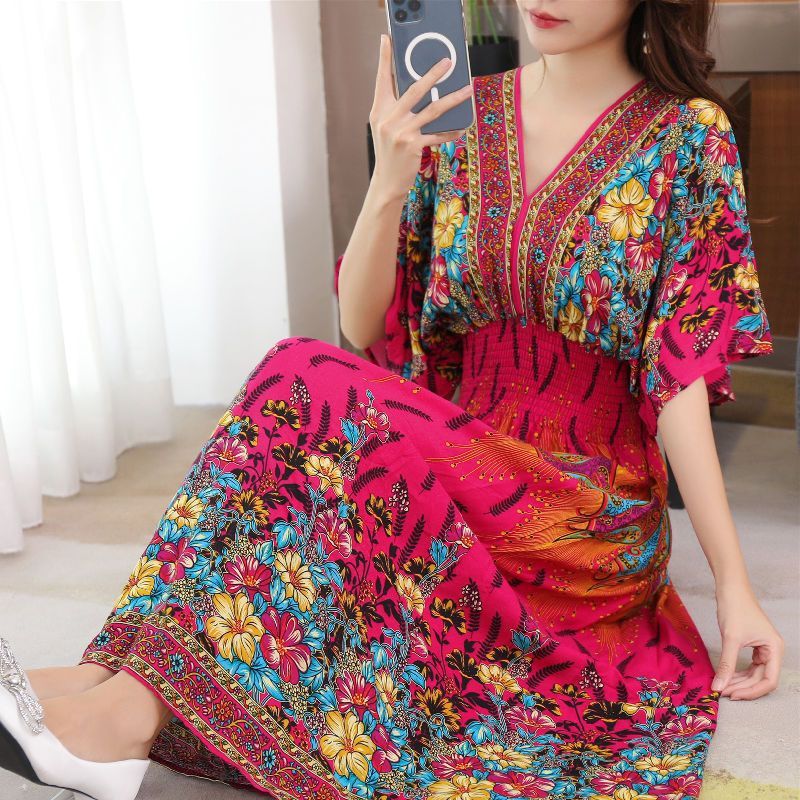 Women's Vintage Printed Cotton Silk Floral Dress