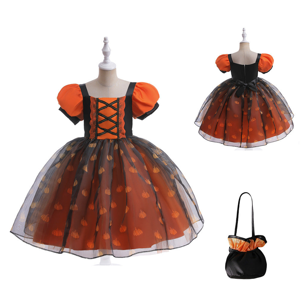 Robe de princesse pour filles, Costume de spectacle de bal de maquillage citrouille Orange, à la mode