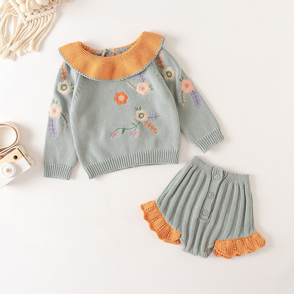 Baby Girl Baby Knitted Suit Embroidered Lotus Leaf Collar Top