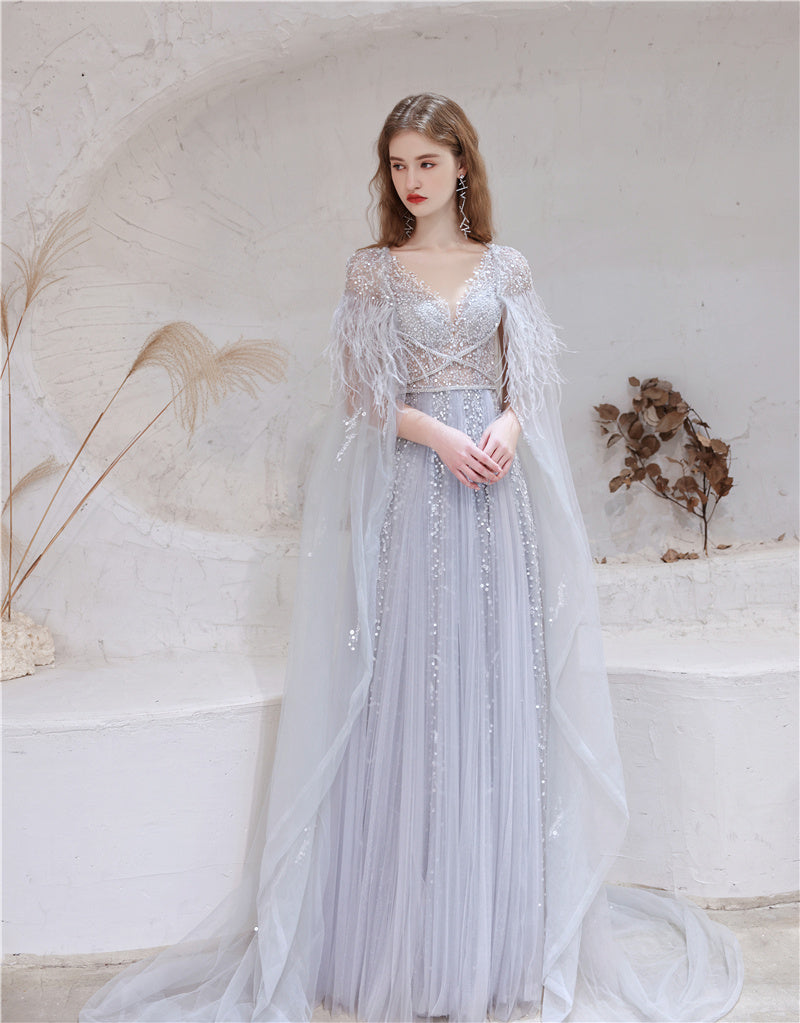 Two-piece Long Feather Shawl Evening Dress