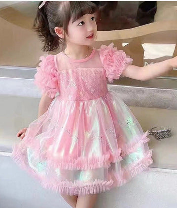 Children's Princess Dress Summer Short Sleeve Super Fashionable Sweet Girl Medium And Big Children Cute Puffy Tulle Skirt