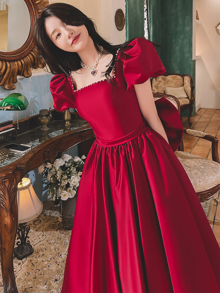 Robe en satin rouge vin d'hiver, fiançailles quotidiennes, princesse française en fuite