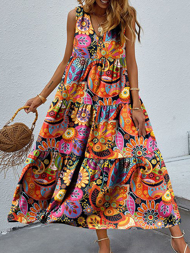 Vestido con vuelo grande, informal, floral, suelto, con cuello en V, para mujer