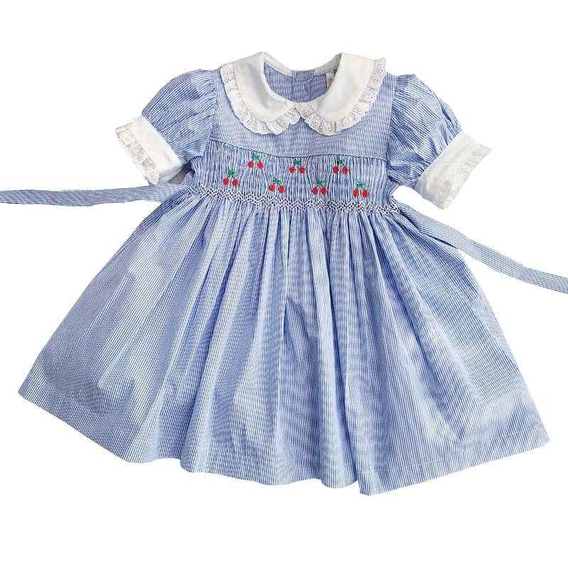 New Retro Blue Striped Handmade Cherry Puff Sleeve Dress For Children