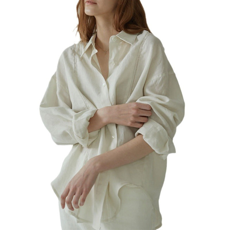 Linen Shirt French Hollow Embroidered Loose Long Sleeve Blouse