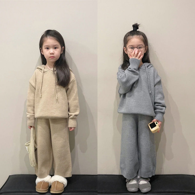 Winter Boys And Girls Thickened Hooded Knitted Two-piece