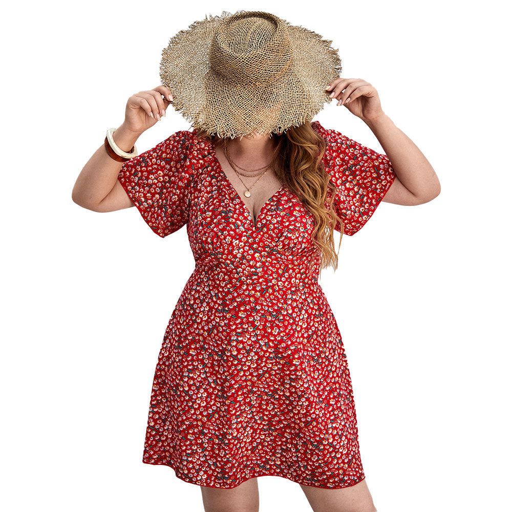 Vestido de ocio con cuello en V y flores pequeñas para vacaciones en la playa