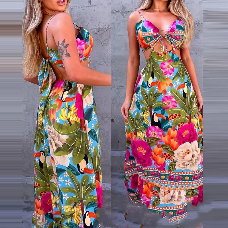 Robe midi à imprimé floral et imprimé tropical