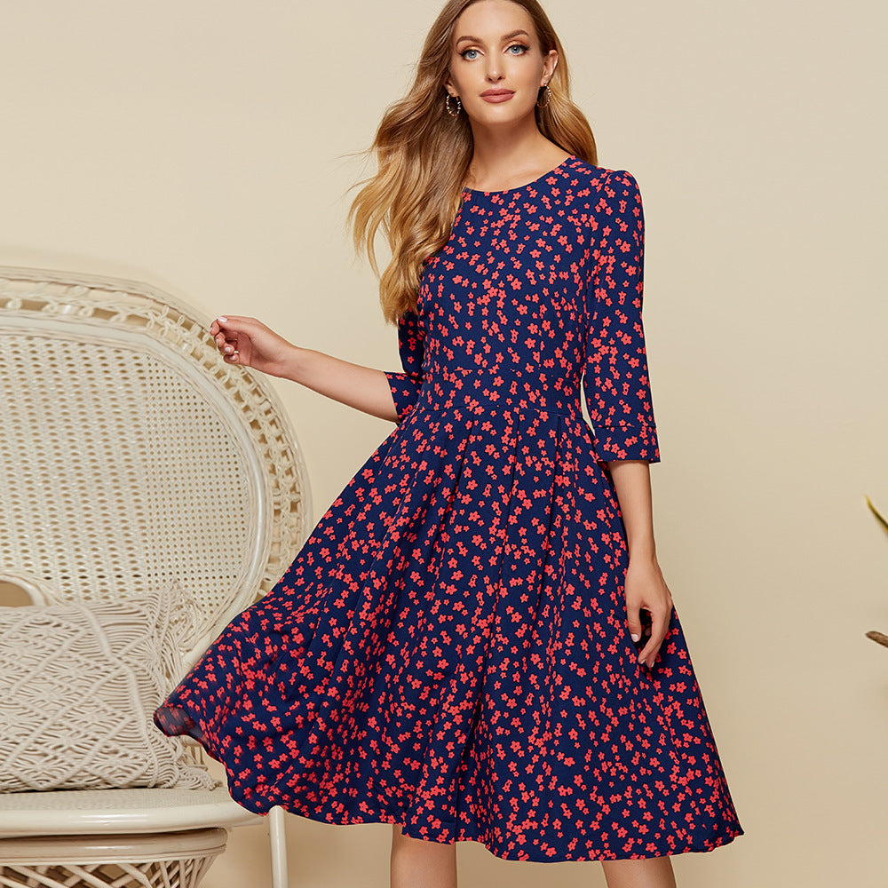 Women's Floral Pleated Round Neck Dress