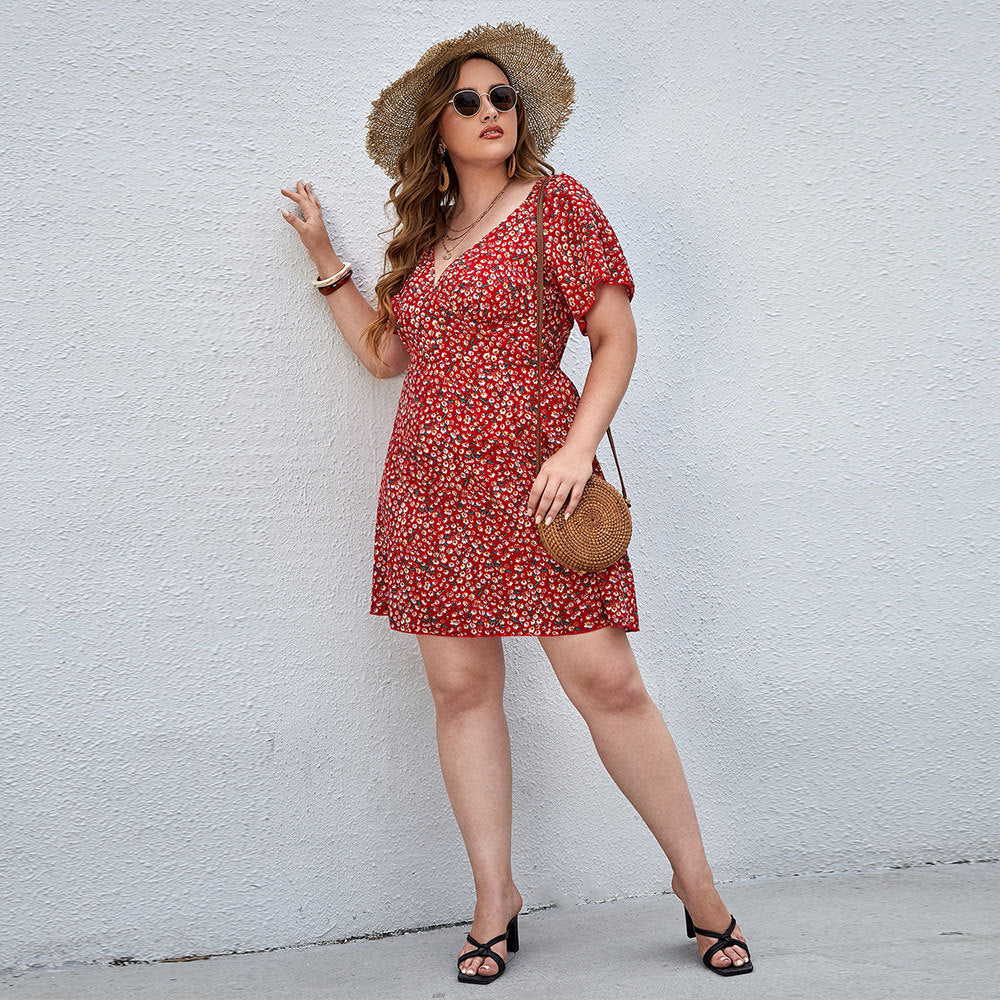 Vestido de ocio con cuello en V y flores pequeñas para vacaciones en la playa