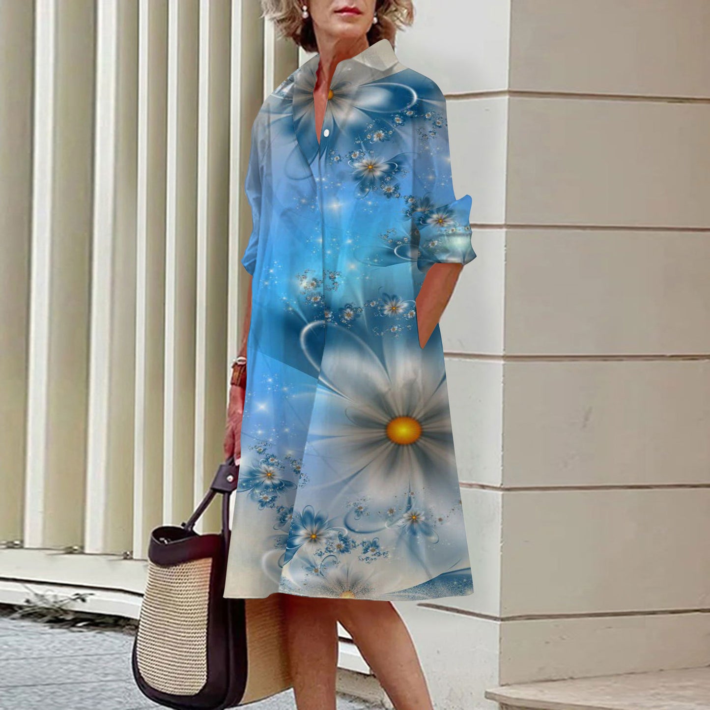 Women's Elegant Floral 3D Digital Printing Single Row Open Button Shirt Dress