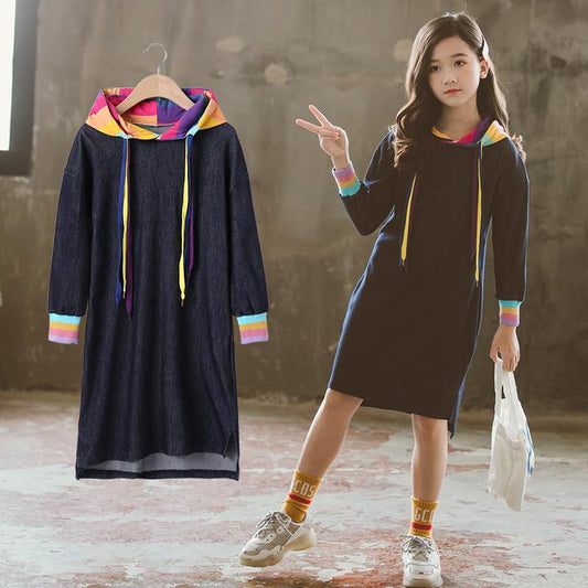 T-shirt pour filles, robe à manches longues en denim arc-en-ciel de couleur unie