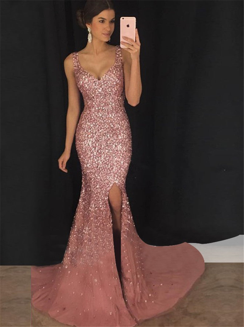 Robe à bretelles en V, robe slim à paillettes