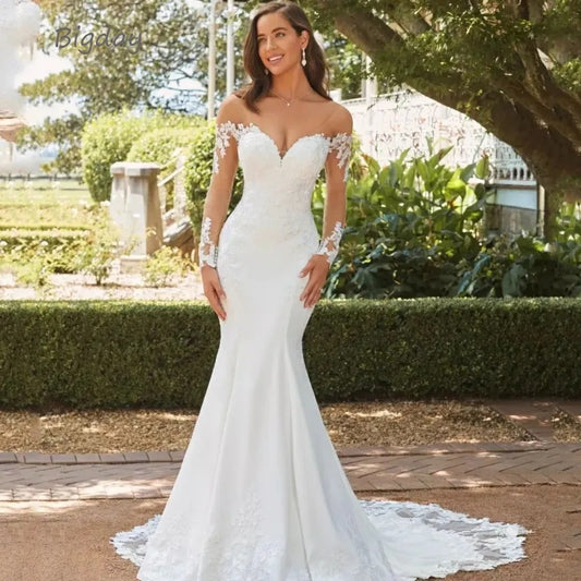 Robe de mariée sirène élégante chérie avec manches longues et dentelle