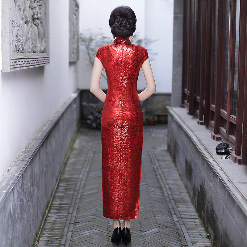 Cheongsam amélioré automne hiver rouge mariage mère vêtements à manches courtes fendu Phoenix Style ethnique robe