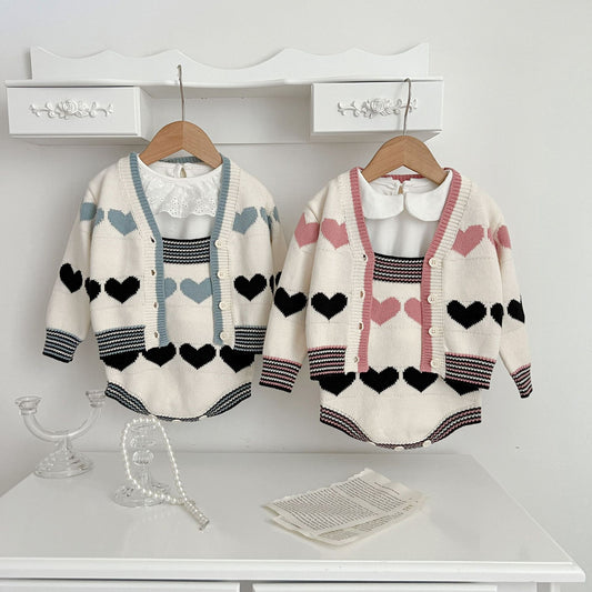 Baby's Western Style Love Long-sleeved Coat Knitted Suspender Romper