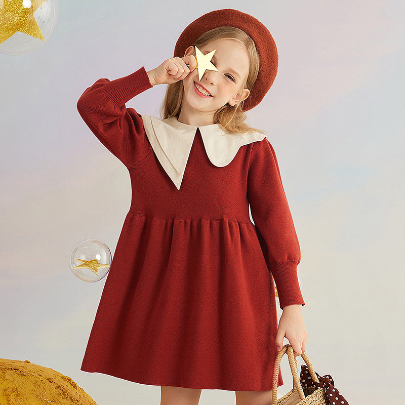 Vestido de lana rojo para niñas de otoño e invierno