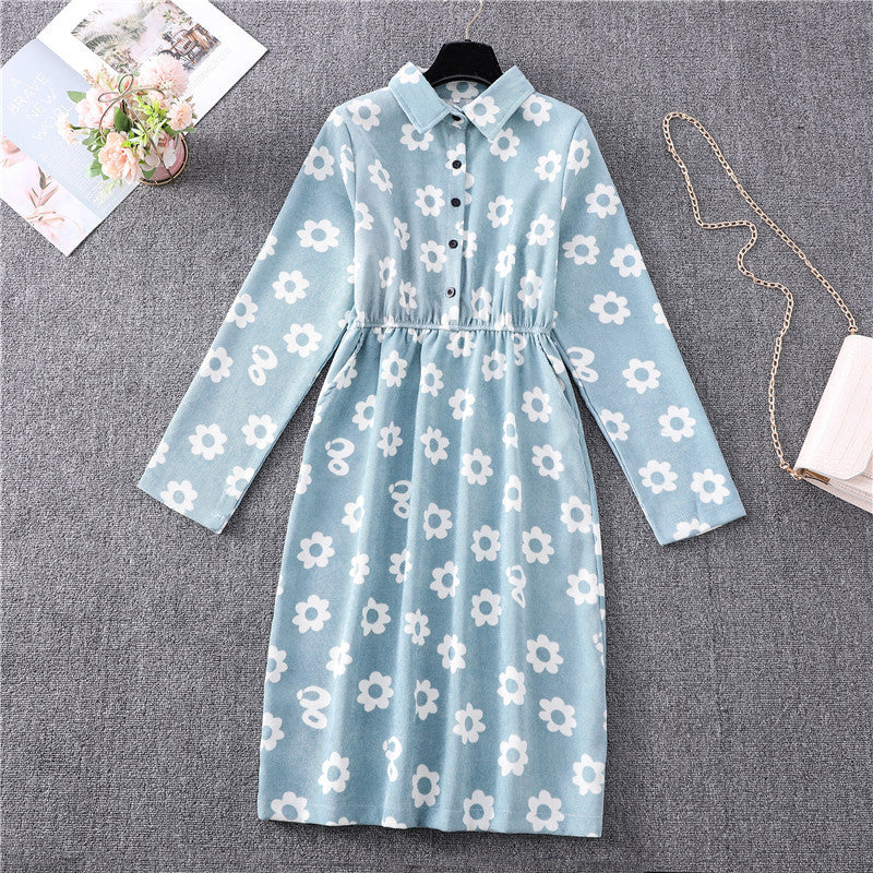 Corduroy Floral Long Sleeve Dress