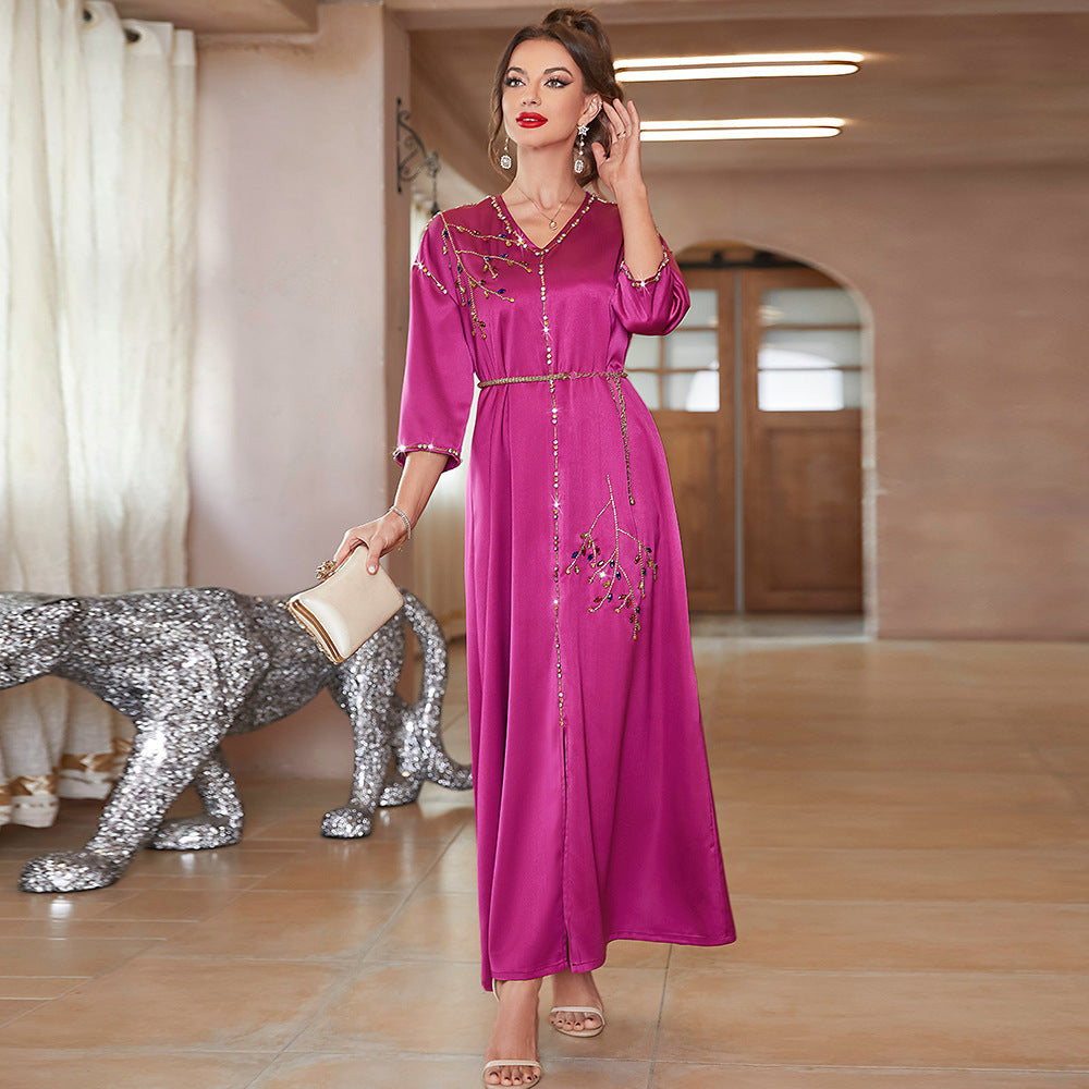 New Satin Mid-sleeve Long Dress Dubai Travel Rhinestone Plus Size Straight Long Dress Desert Clock-in Robe