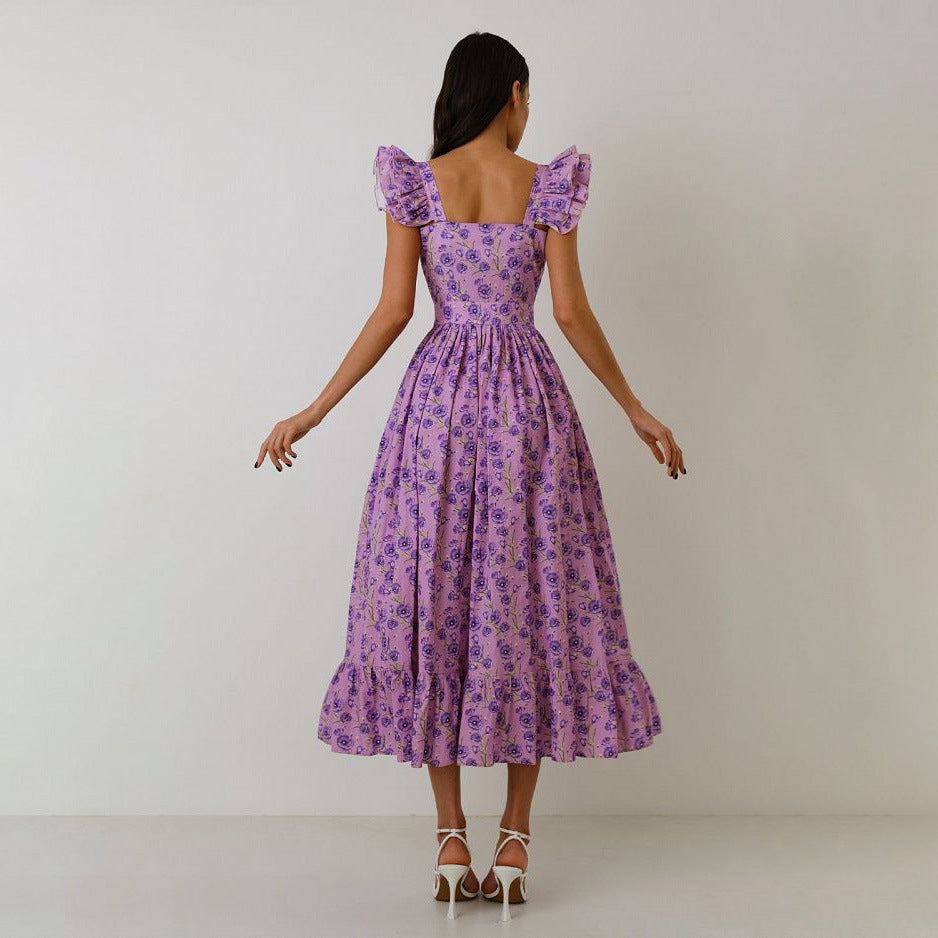 Robe florale française à col carré pour femmes