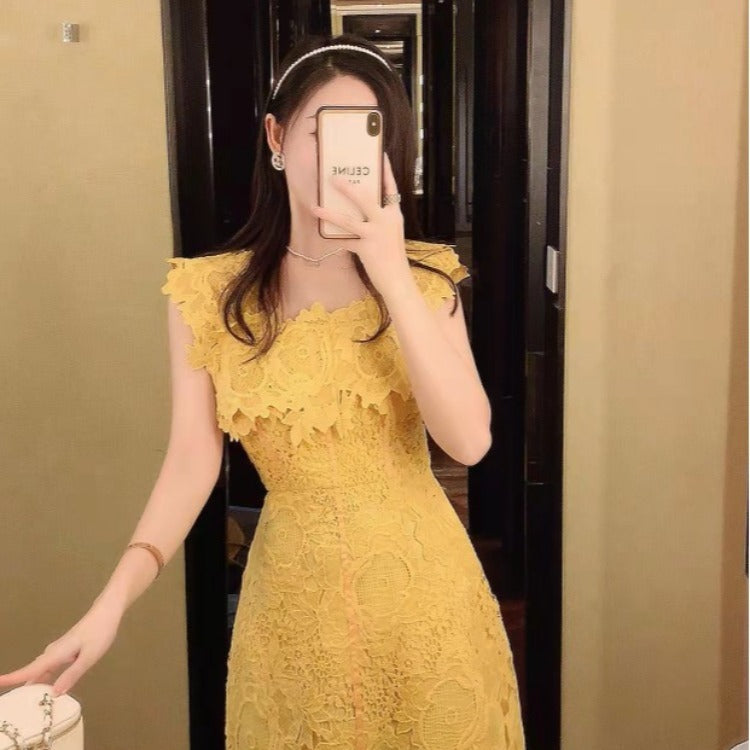 Large Flower Cut Elegant Waist A Line Daily Dress