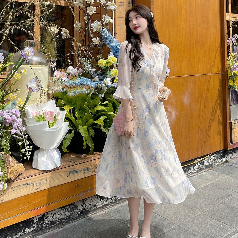 Vestido de flores fragmentadas de temperamento fresco para mujer