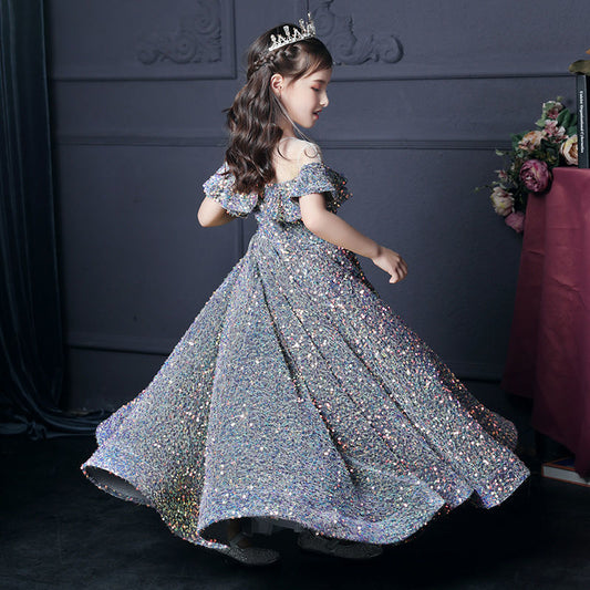 Robe de soirée d'hôte d'anniversaire pour enfants à paillettes, fil gonflé