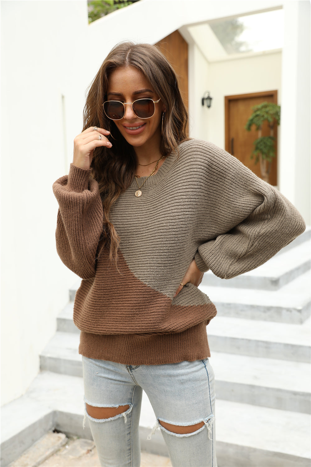 Autumn Winter Autumn Winter Women Stitching Personality Plus Size Women Batwing Knitted Women Sweater