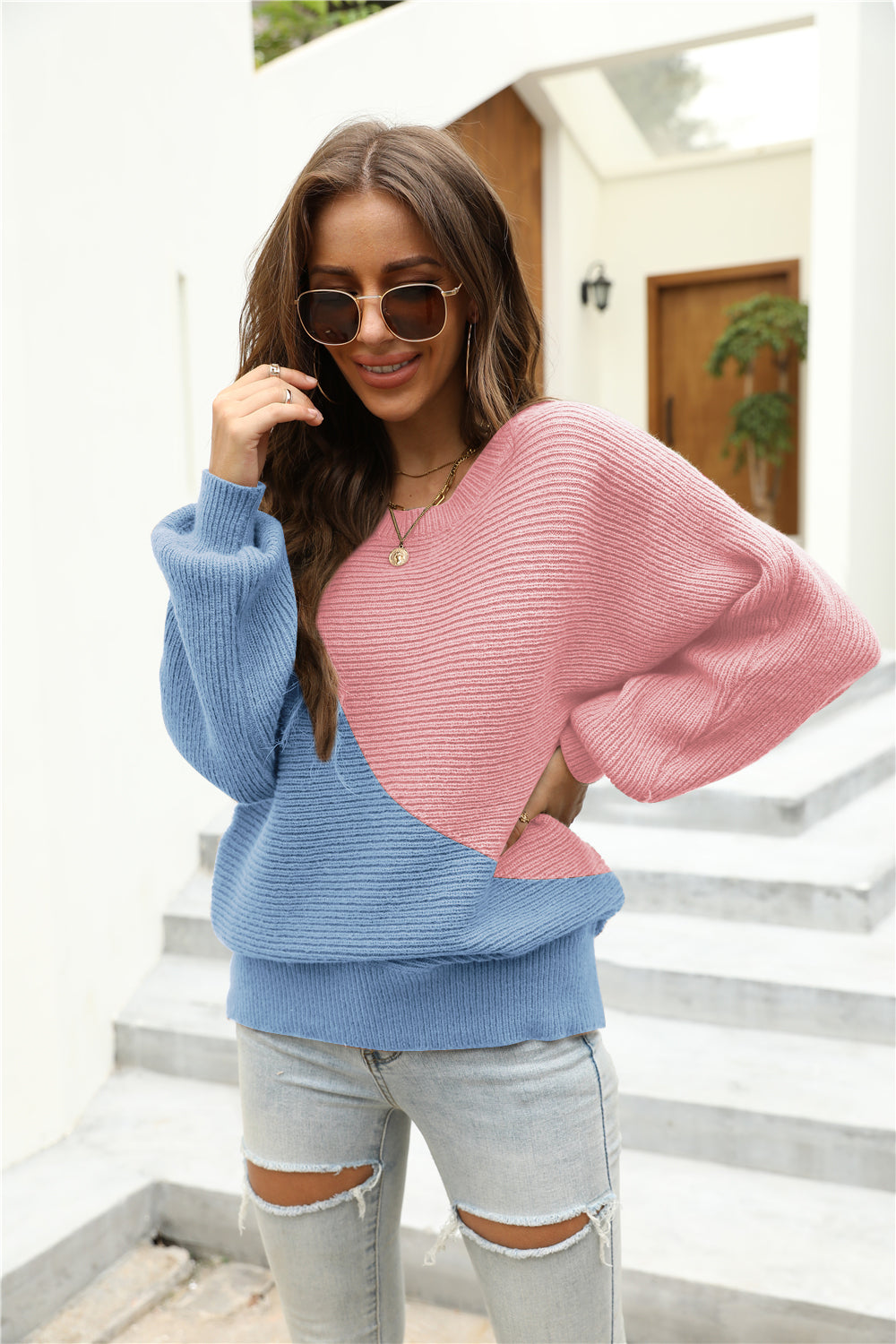 Autumn Winter Autumn Winter Women Stitching Personality Plus Size Women Batwing Knitted Women Sweater