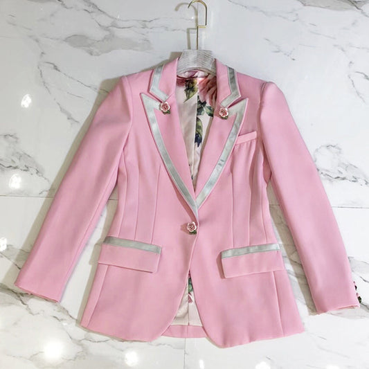 Blazer rosa de corte slim con forro con estampado tridimensional de hebilla de rosa