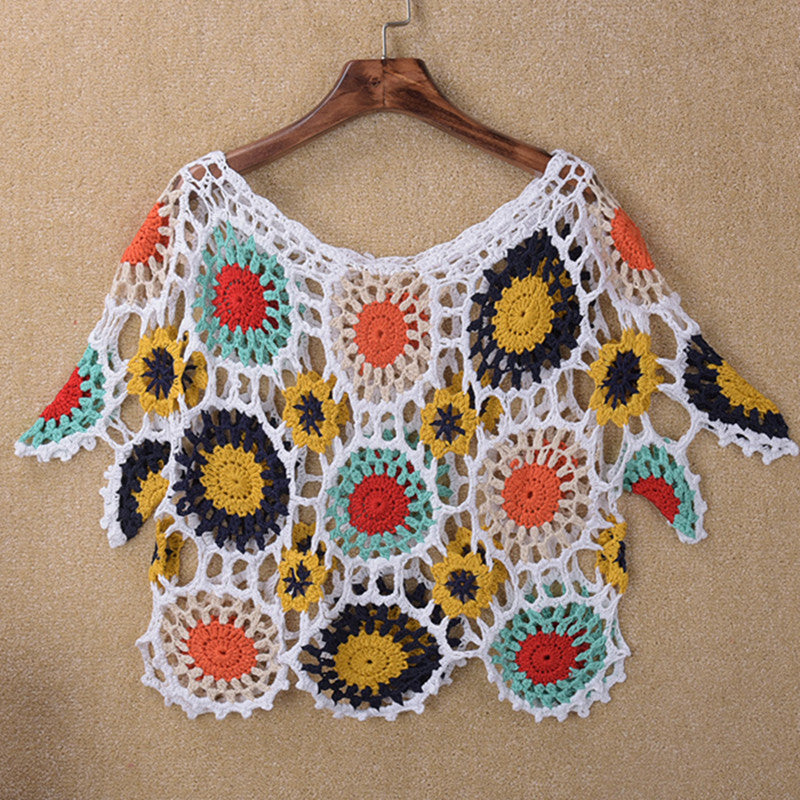 Handmade Crochet Hollow-out Floral Beach Blouse Sleeve Top