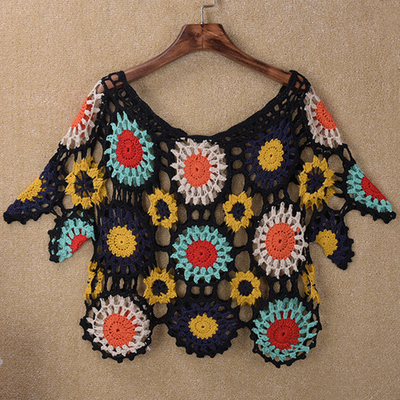 Handmade Crochet Hollow-out Floral Beach Blouse Sleeve Top