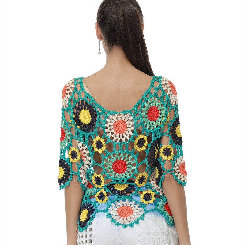 Handmade Crochet Hollow-out Floral Beach Blouse Sleeve Top